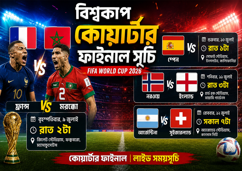 বিশ্বকাপের কোয়ার্টার ফাইনাল সূচি প্রকাশ, শেষ আটে জমজমাট লড়াই